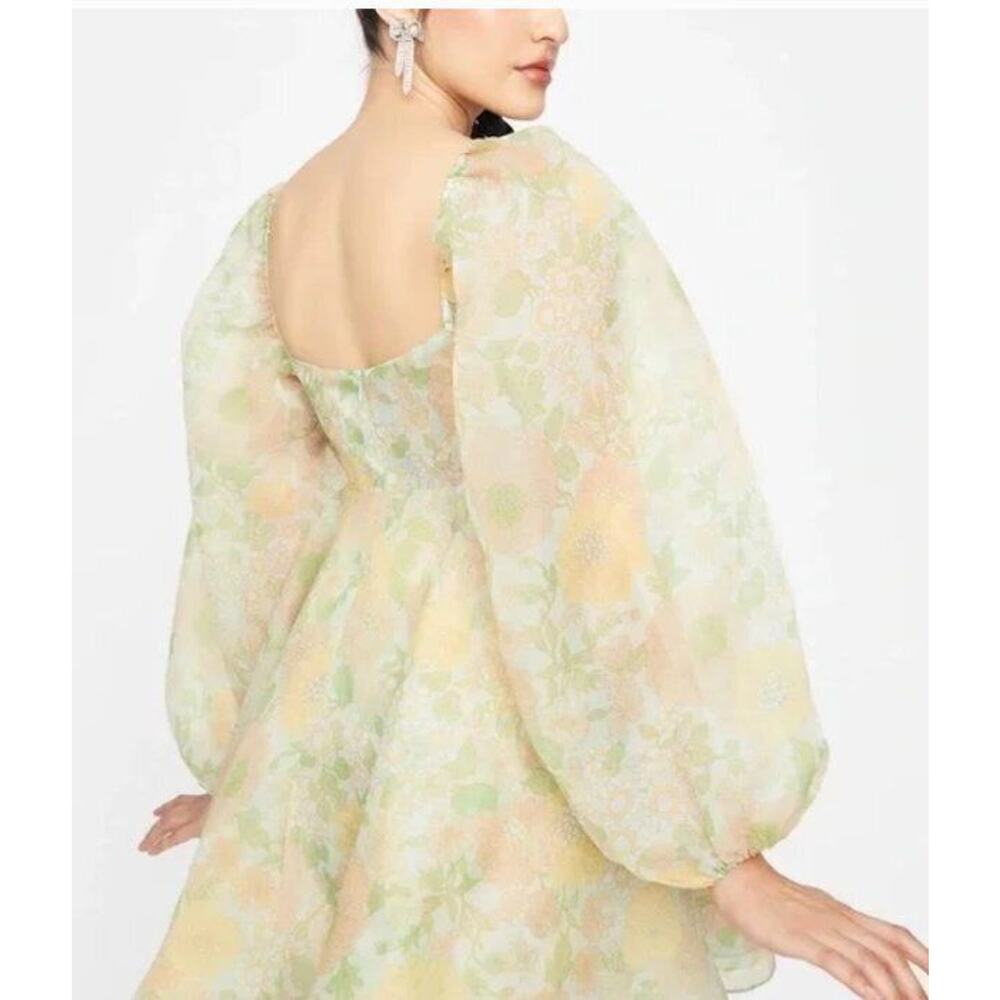 Selkie Pale Yellow & Mint Green Retro Floral Puff-Sleeve Mini Dress - Picture 10 of 12
